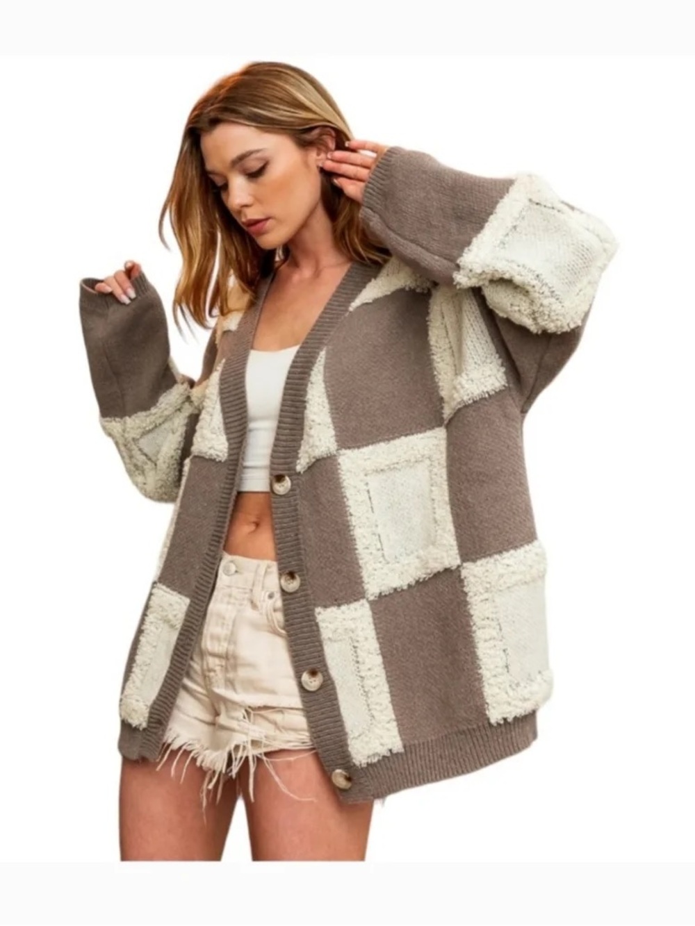 TALULAH Taupe and Cream Patchwork Button-Up Cardigan